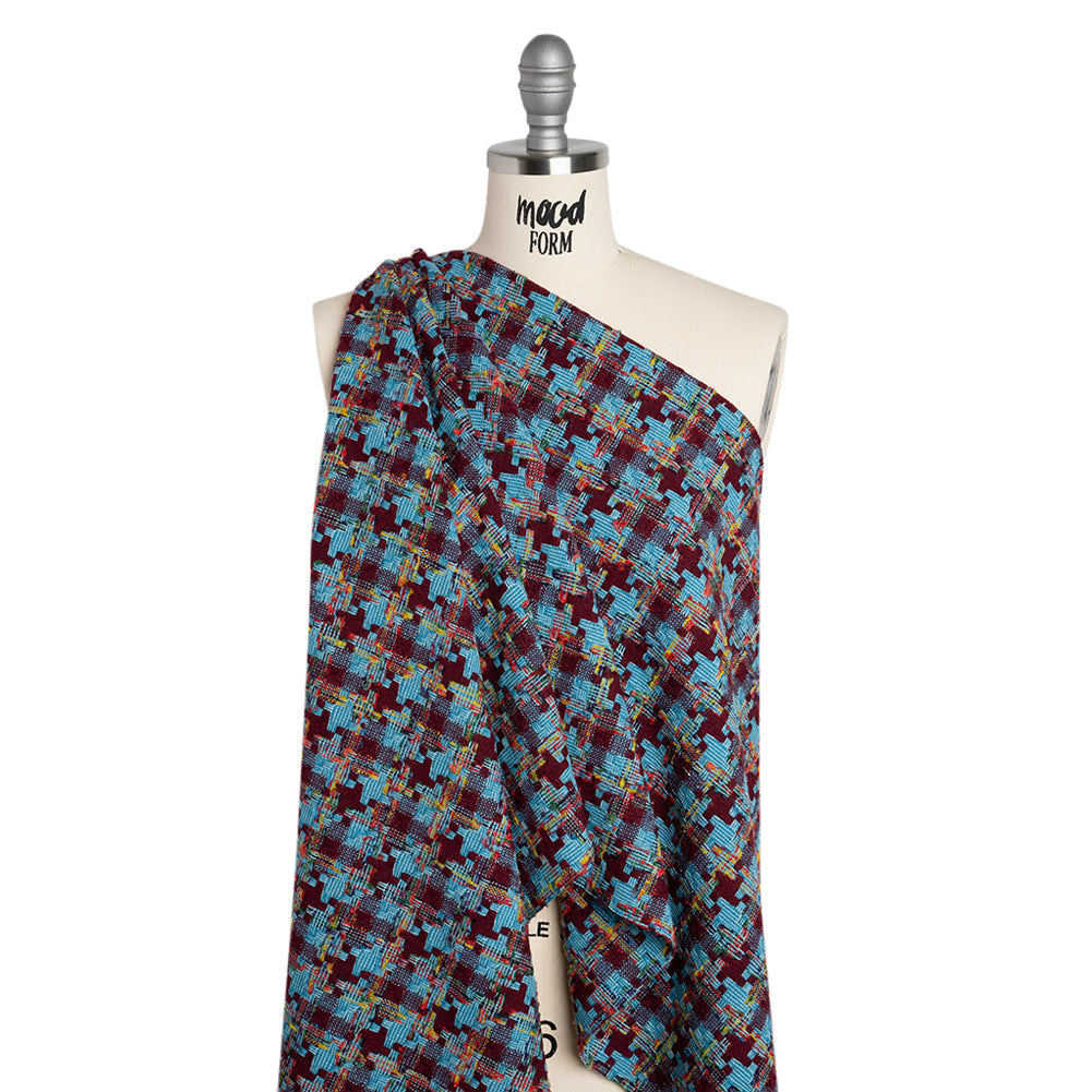 Wool Blend Tweedy Boucle Woven - Turquoise, Wine Red and Rainbow Blocky Houndstooth