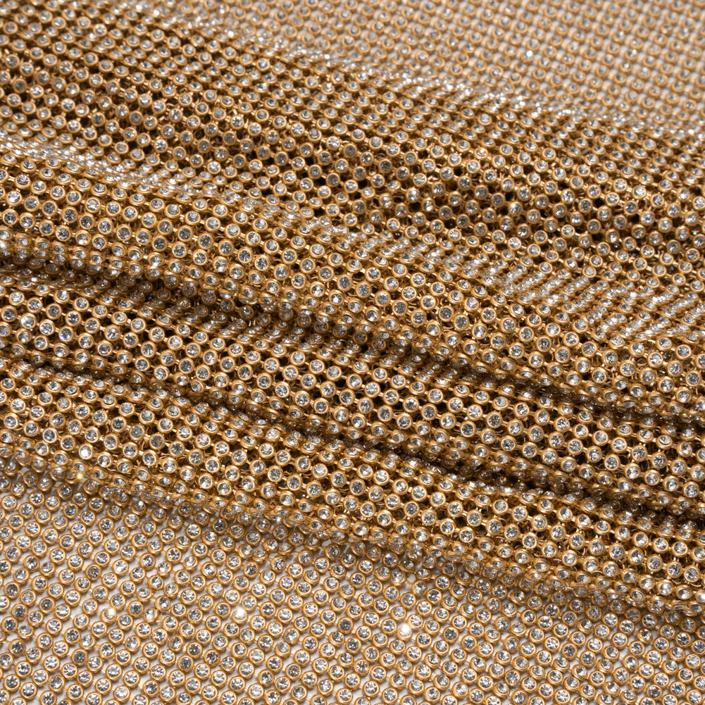 Rhinestone Aluminum Chainmail Fabric Panel, 3mm - Gold and Crystal - Astraia Collection