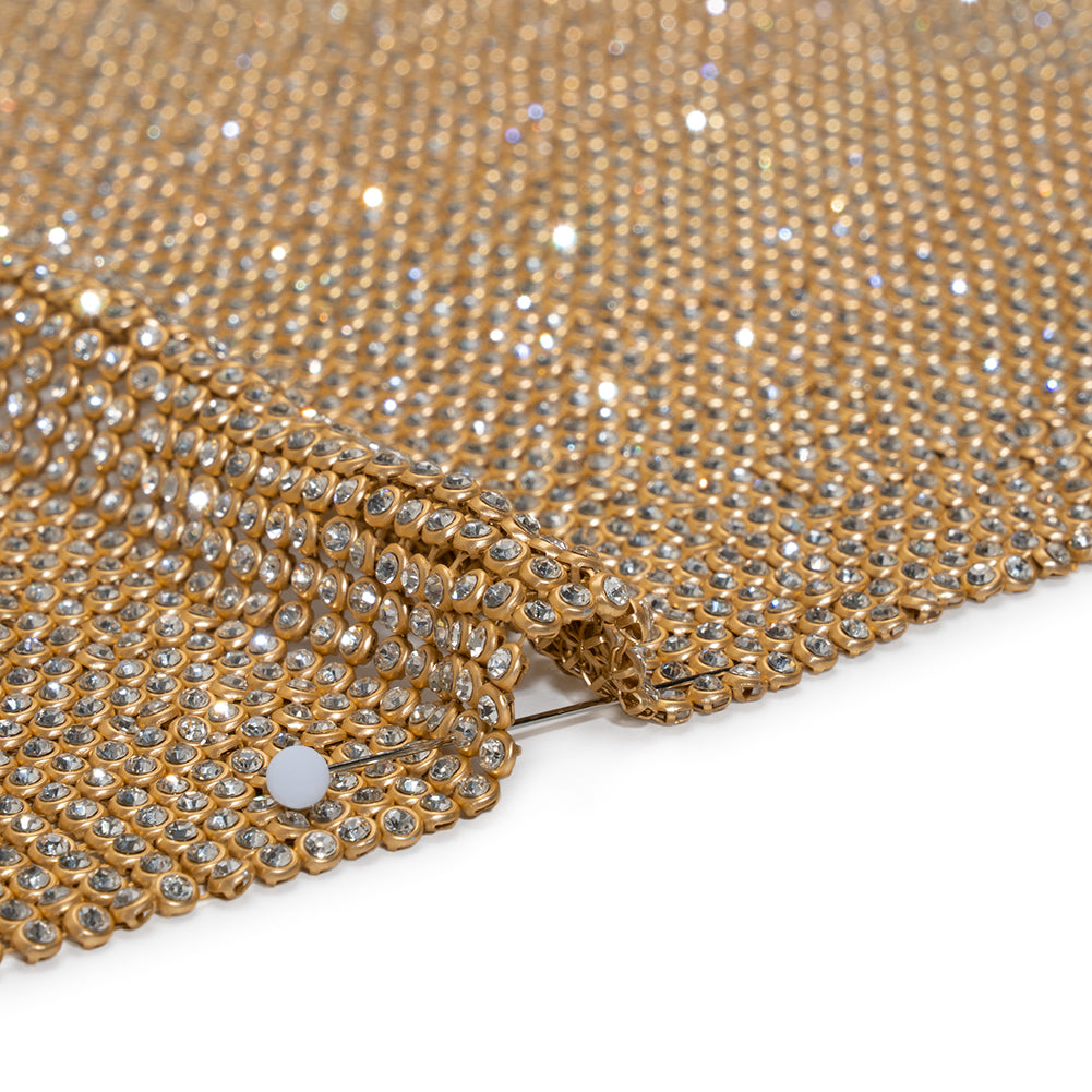 Rhinestone Aluminum Chainmail Fabric Panel, 3mm - Gold and Crystal - Astraia Collection