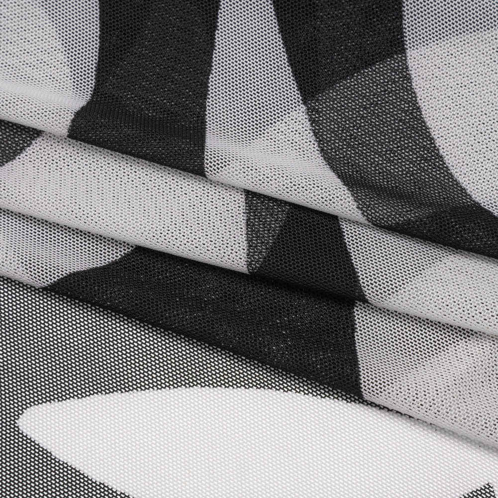 Stretch Polyester Mesh Print - Ivory and Black Abstract - Designer Deadstock