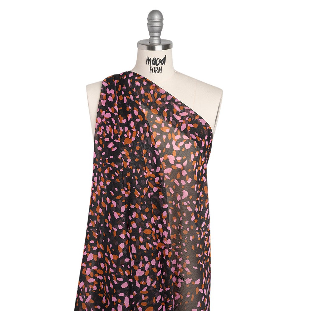 Polyester Chiffon with Metallic Gold Pinstripes - Black, Brown and Pink Abstract Spots - Designer Deadstock