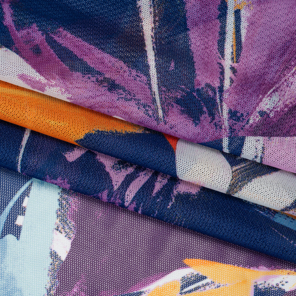 Stretch Polyester Mesh Print - Navy, Plum and Orange Painterly Floral - Designer Deadstock