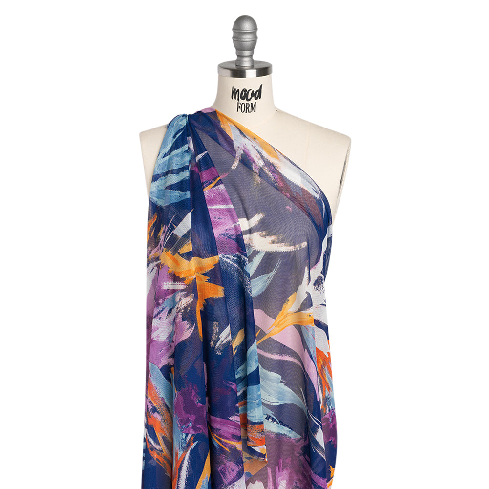 Stretch Polyester Mesh Print - Navy, Plum and Orange Painterly Floral - Designer Deadstock