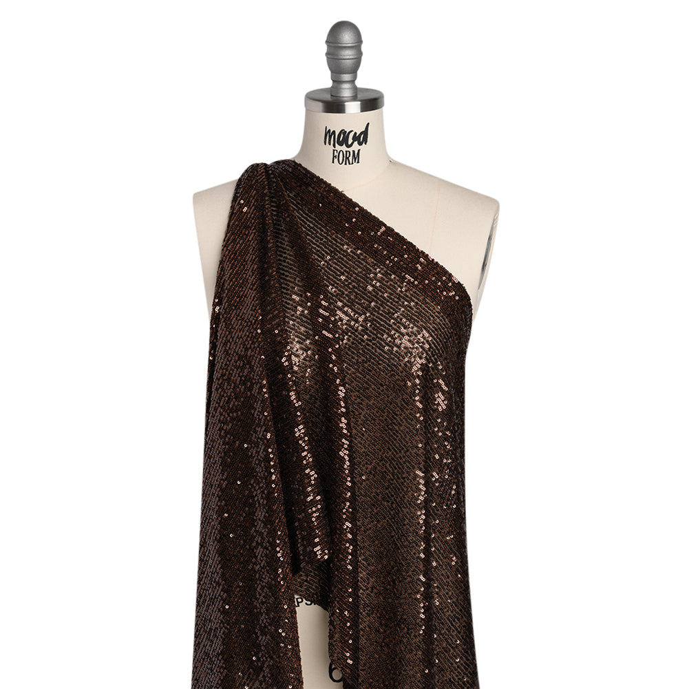 Baby Sequins on Stretch Polyester Mesh - Chocolate Brown Stripes - Designer Deadstock