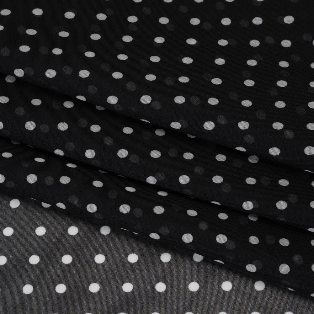 Polyester Chiffon Print - Black and White Polka Dots and Striped Border - Designer Deadstock