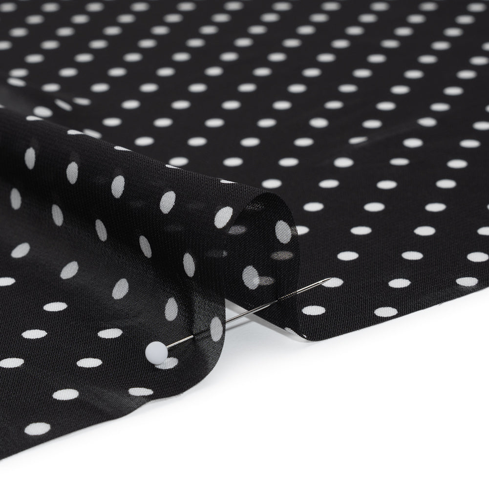 Polyester Chiffon Print - Black and White Polka Dots and Striped Border - Designer Deadstock