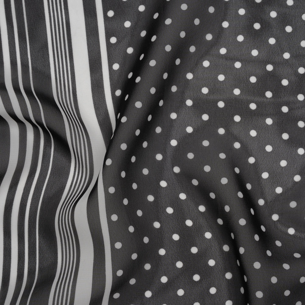 Polyester Chiffon Print - Black and White Polka Dots and Striped Border - Designer Deadstock