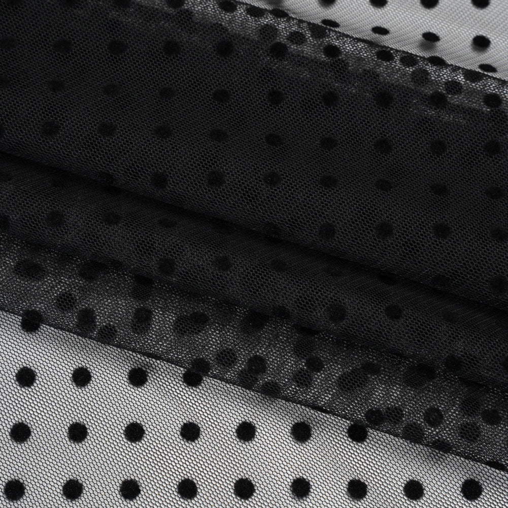 Polyester Tulle with Flocked Polka Dots - Black - Designer Deadstock