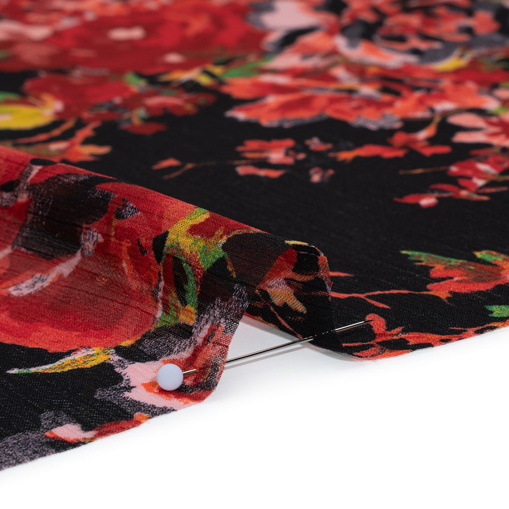 Crinkled Polyester Chiffon Print - Red, Green and Black Floral - Designer Deadstock