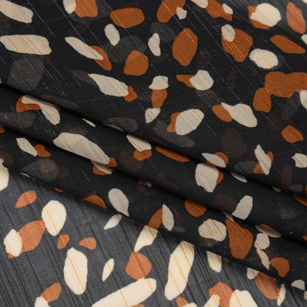 Crinkled Polyester Chiffon with Metallic Gold Pinstripes - Black, White and Tan Spots - Designer Deadstock
