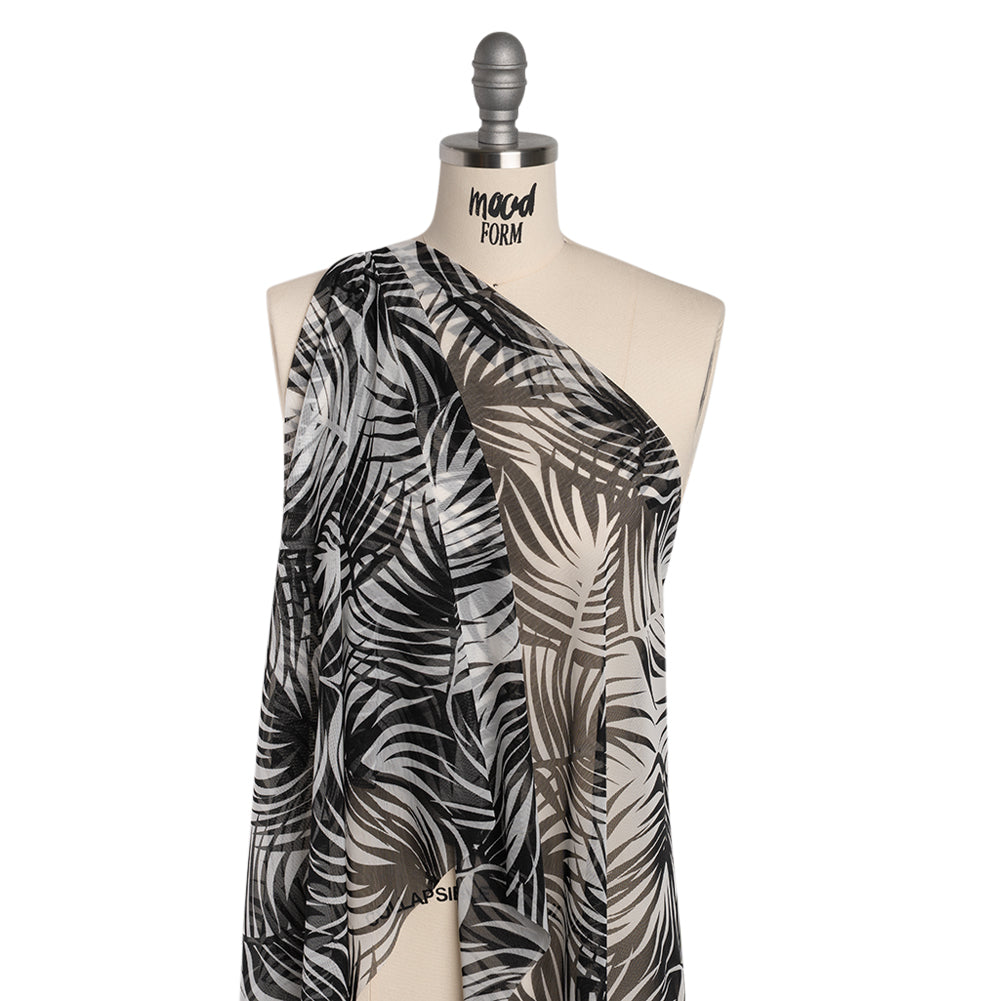 Stretch Nylon Mesh - Black and White Palm Leaves - Designer Deadstock