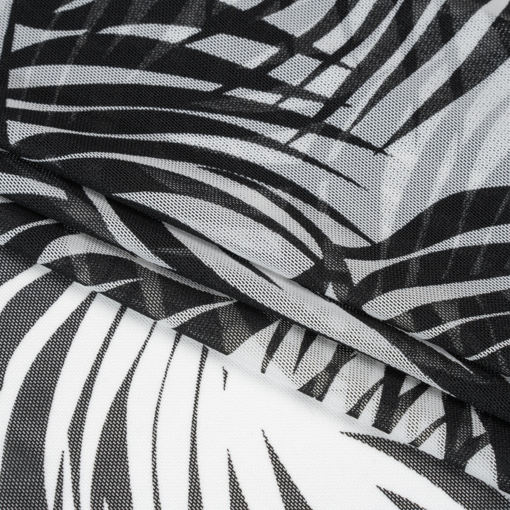 Stretch Nylon Mesh - Black and White Palm Leaves - Designer Deadstock