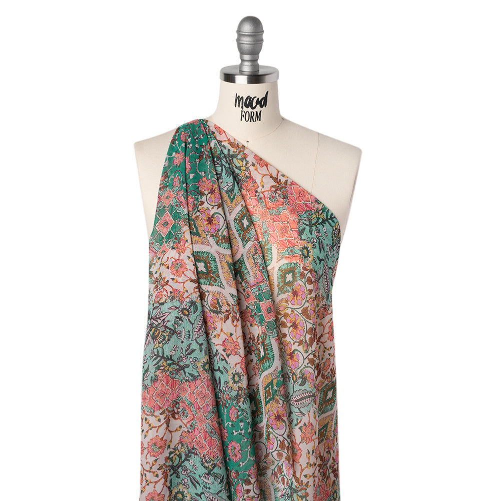 Polyester Chiffon Print - Pink, Mint Green and Yellow Flowers and Tiles Patchwork - Designer Deadstock