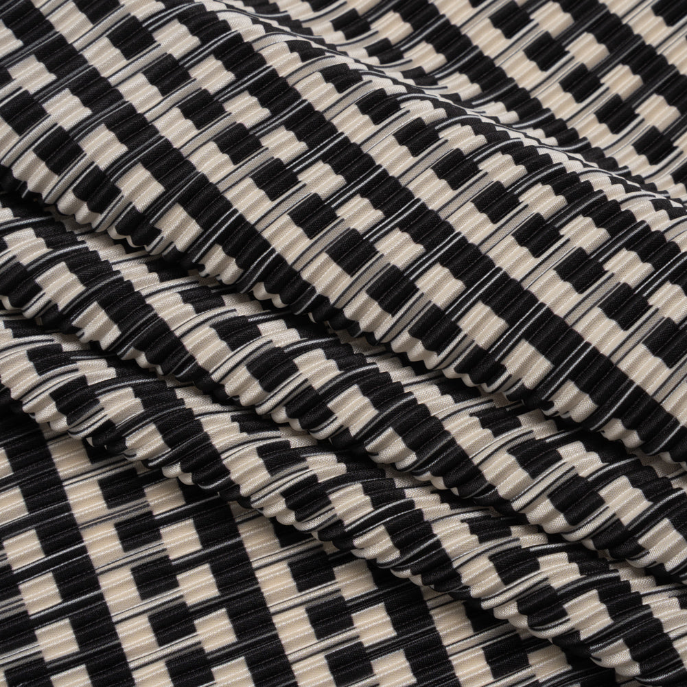 Fine Pleated Polyester Satin - Black and Cream Geometric Stripes - Designer Deadstock