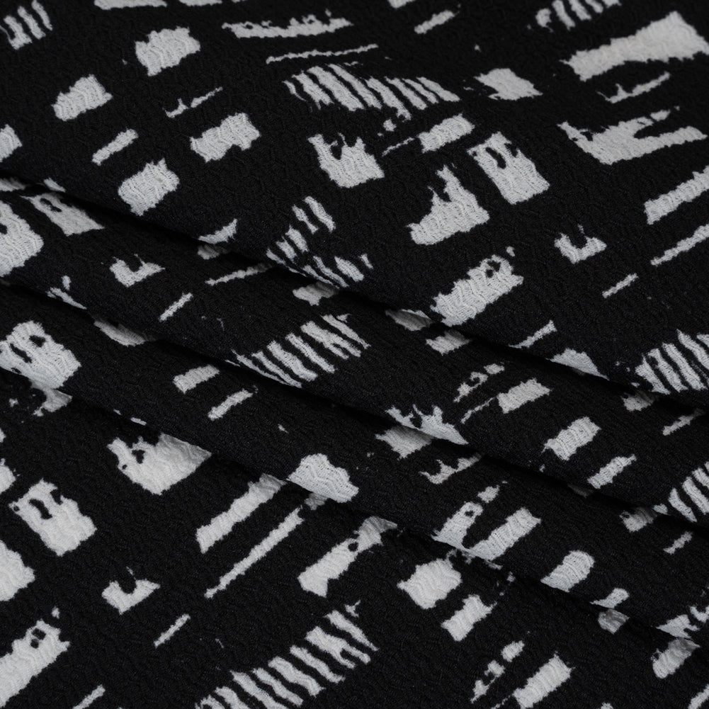Crinkled Polyester Jacquard Knit - Black and White Abstract Grid - Designer Deadstock