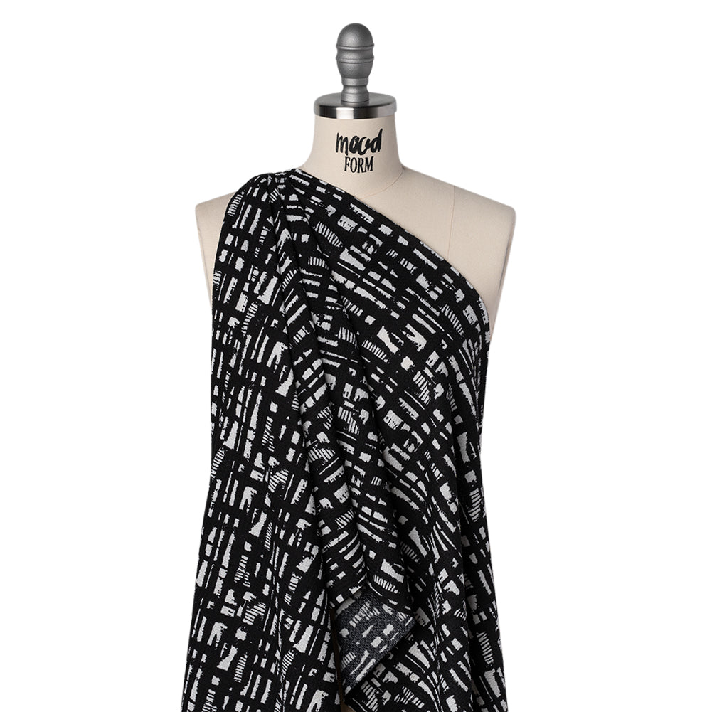 Crinkled Polyester Jacquard Knit - Black and White Abstract Grid - Designer Deadstock