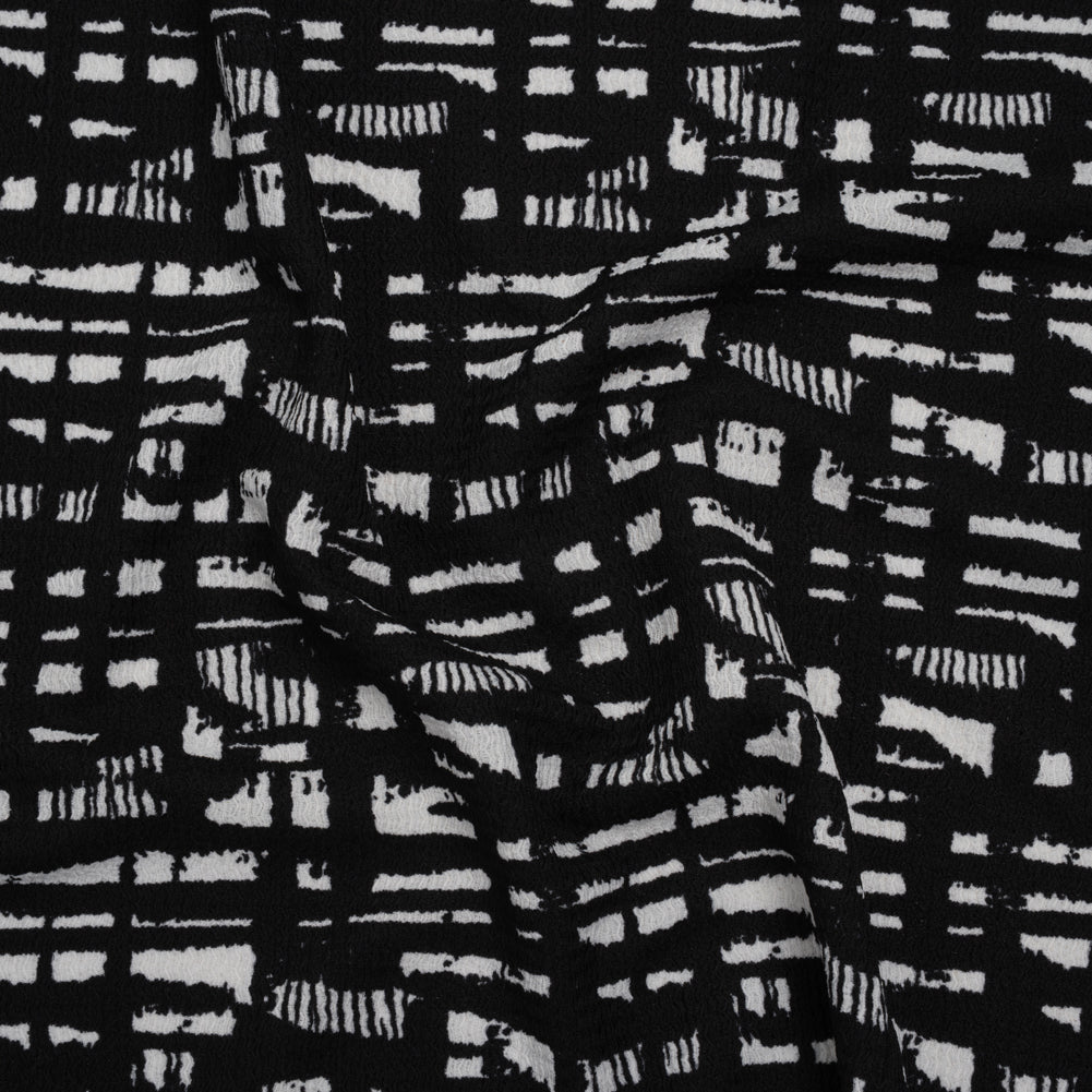 Crinkled Polyester Jacquard Knit - Black and White Abstract Grid - Designer Deadstock