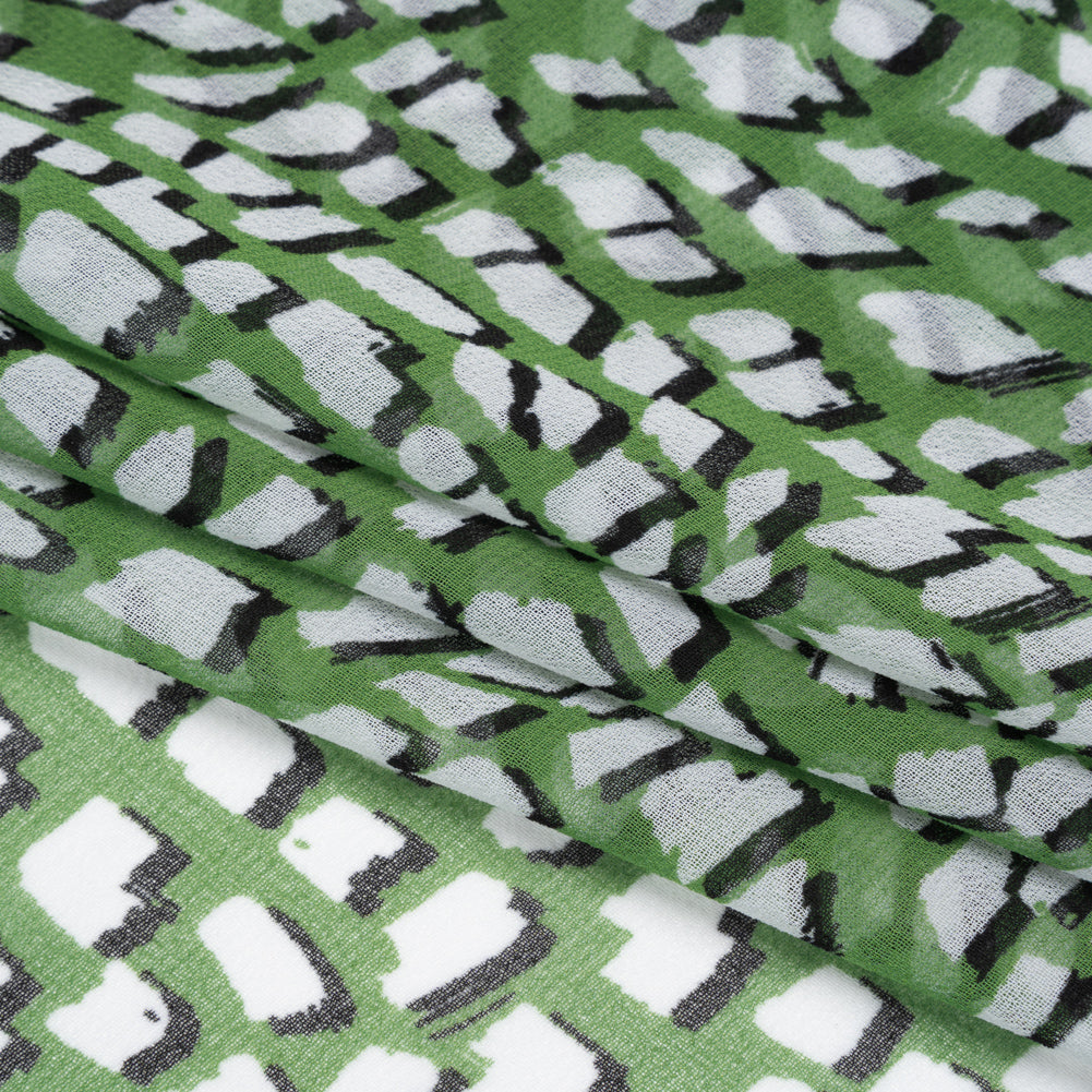 Polyester Chiffon - Grass Green, White and Black Abstract - Designer Deadstock
