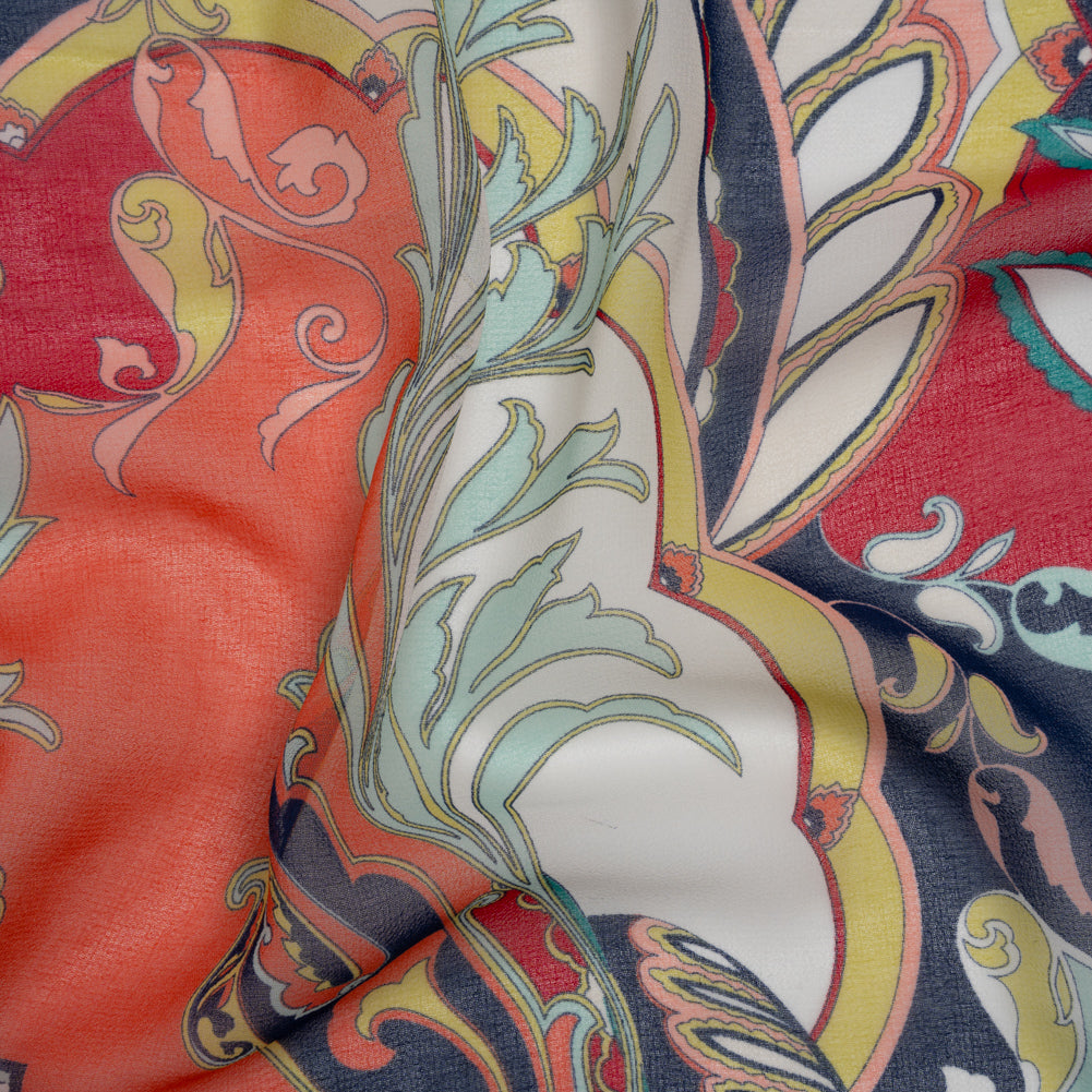 Polyester Chiffon Print - Navy, Red and Peach Paisley Leaves - Designer Deadstock