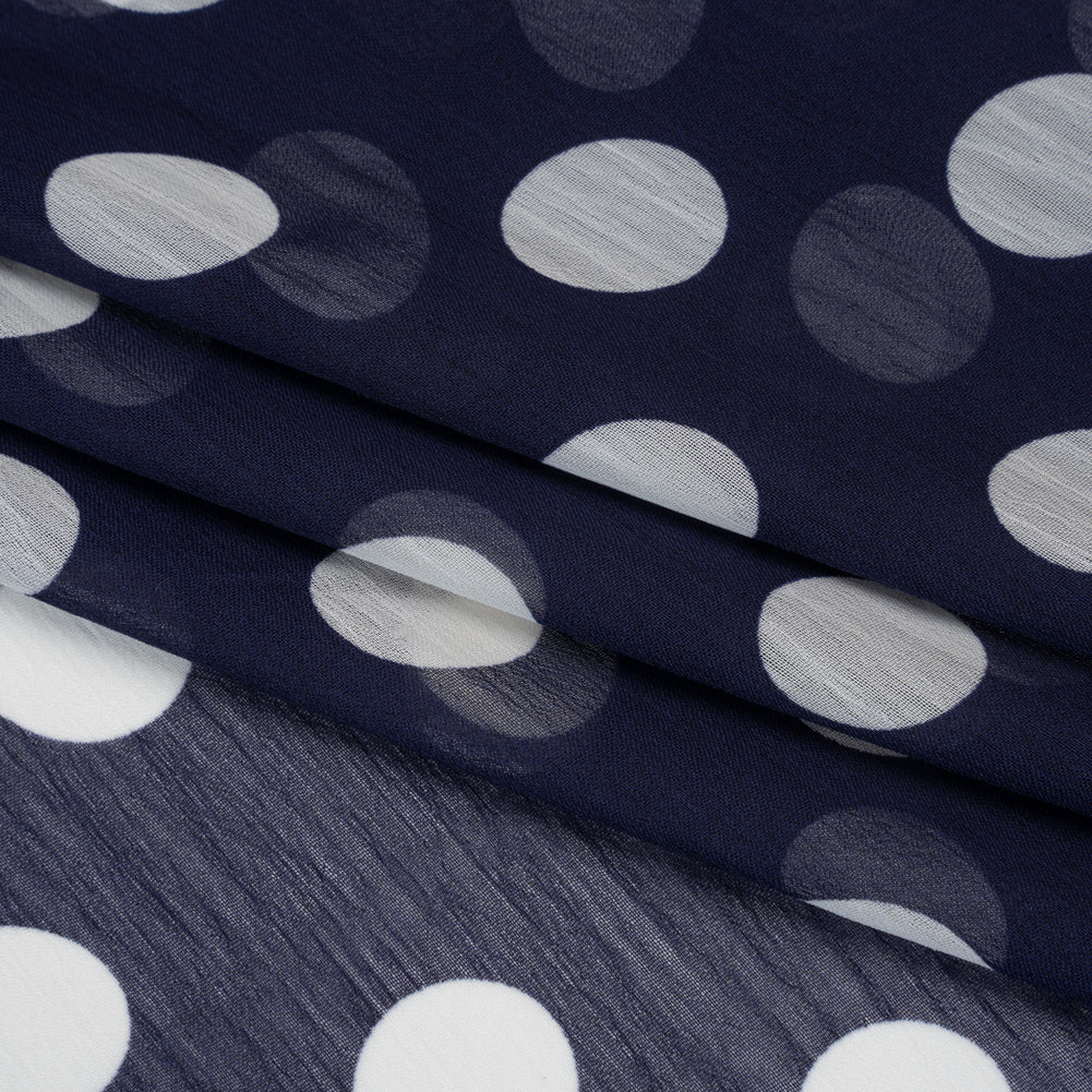 Crinkled Polyester Chiffon Print - Navy and White Polka Dots - Designer Deadstock