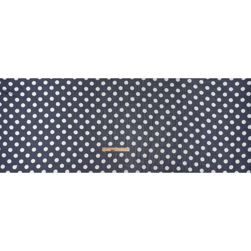 Crinkled Polyester Chiffon Print - Navy and White Polka Dots - Designer Deadstock