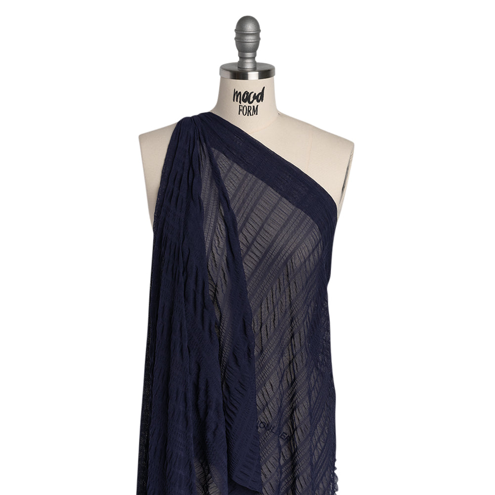 Ruched Stretched Nylon Mesh - Navy Blue Stripes - Designer Deadstock
