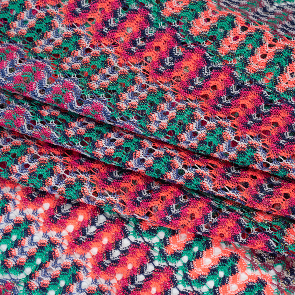 Lacy Sweater Knit with Metallic Accents - Magenta, Neon Orange and Teal Wave Stripes - Designer Deadstock