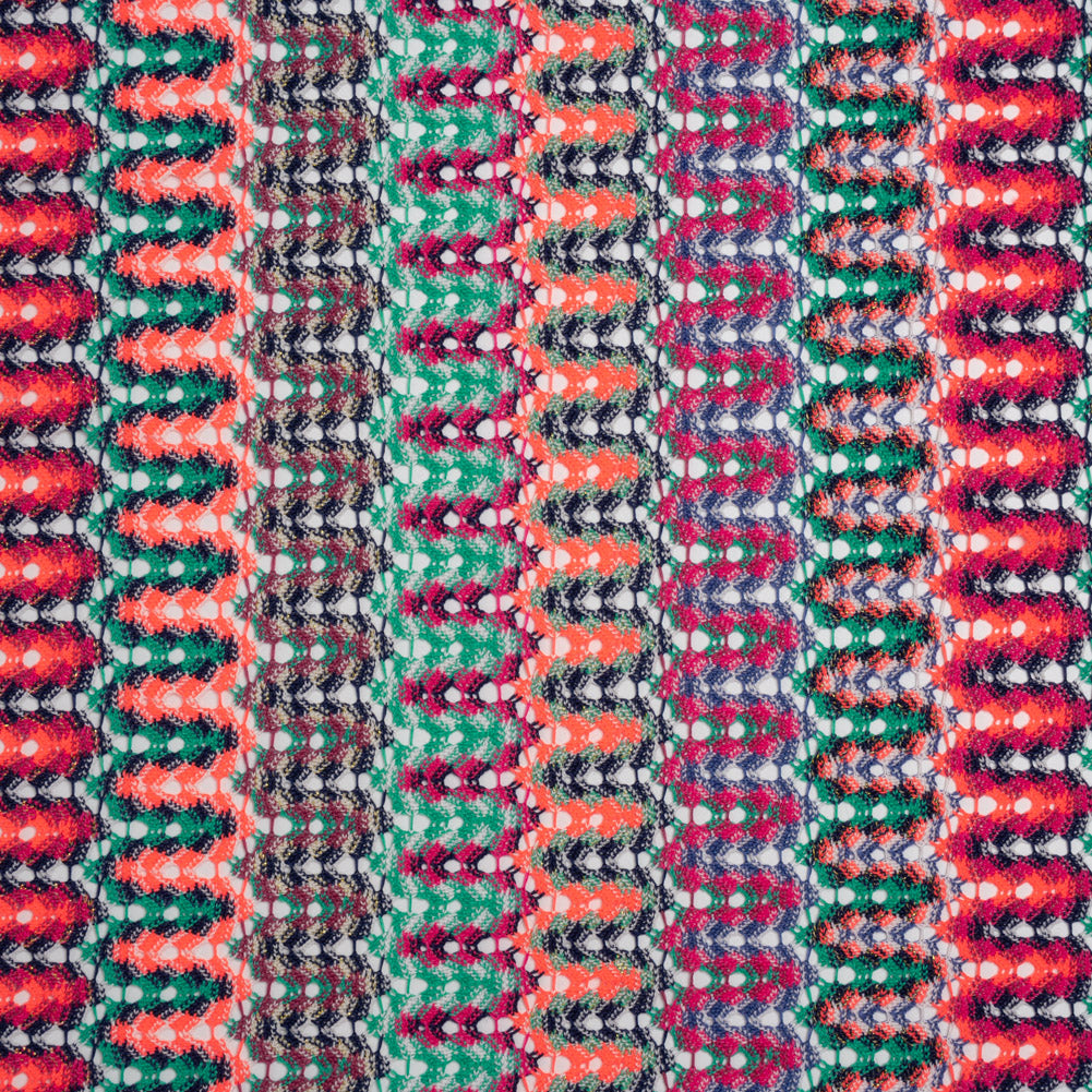Lacy Sweater Knit with Metallic Accents - Magenta, Neon Orange and Teal Wave Stripes - Designer Deadstock