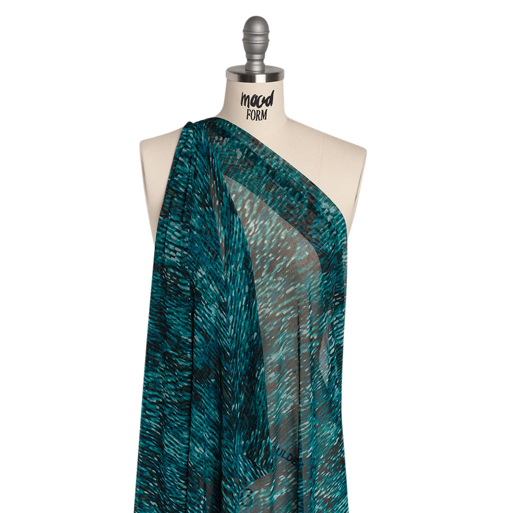 Polyester Stretch Mesh Print - Black and Teal Striations - Designer Deadstock