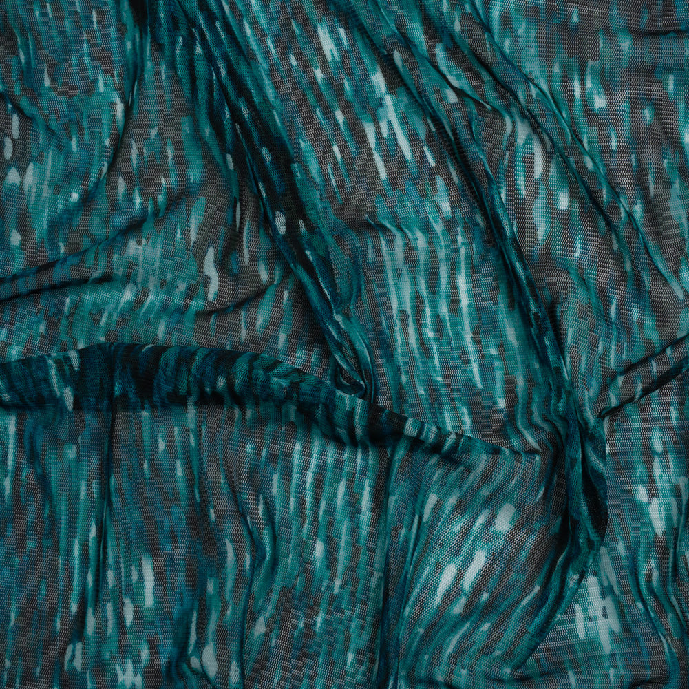 Polyester Stretch Mesh Print - Black and Teal Striations - Designer Deadstock