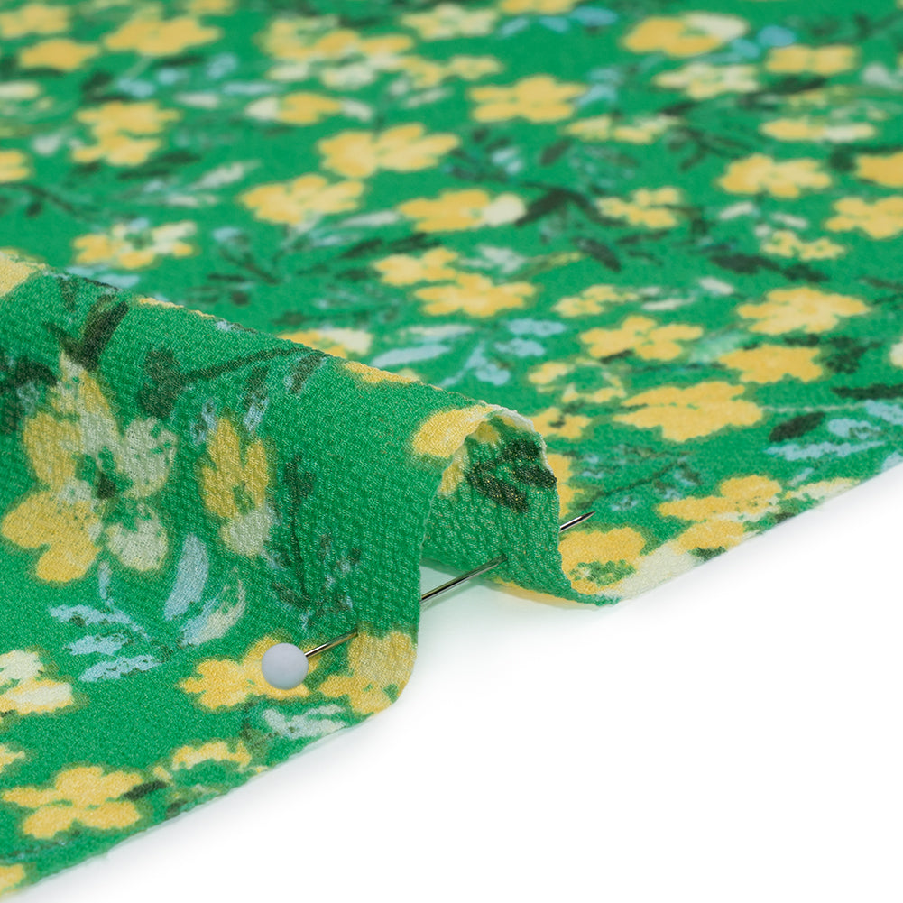 Puckered Polyester Crepe - Kelly Green and Yellow Floral - Designer Deadstock