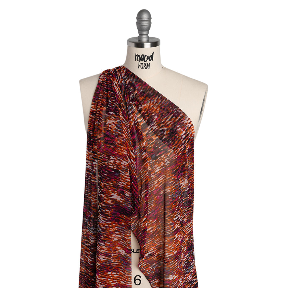 Stretch Polyester Mesh Print - Deep Magenta, Orange and White Striations - Designer Deadstock