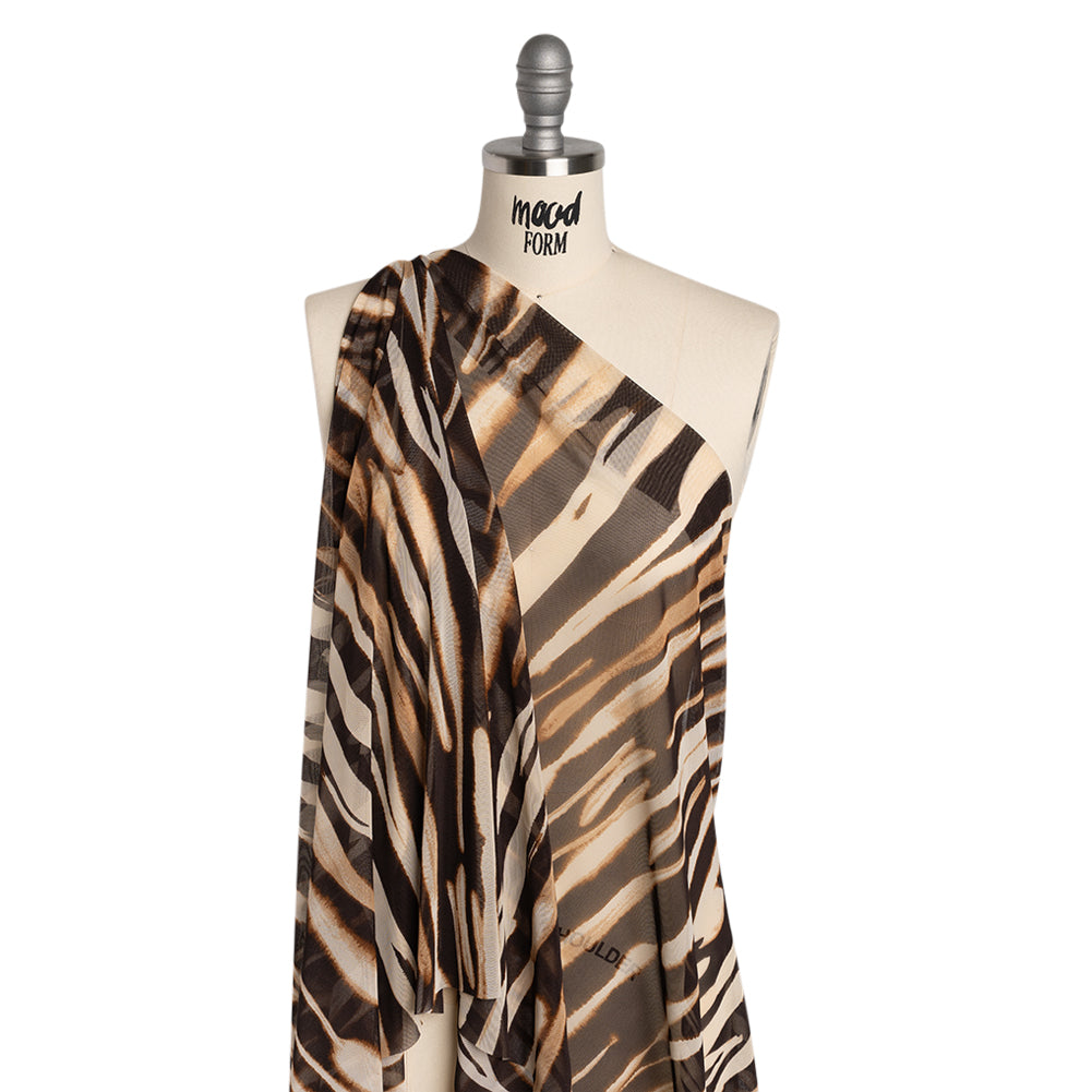 Polyester Stretch Mesh Print - Brown and Beige Painter Animal Stripes - Designer Deadstock