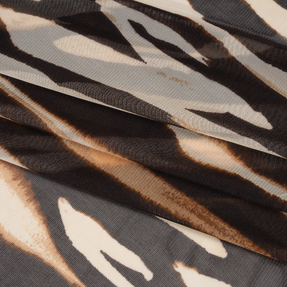 Polyester Stretch Mesh Print - Brown and Beige Painter Animal Stripes - Designer Deadstock