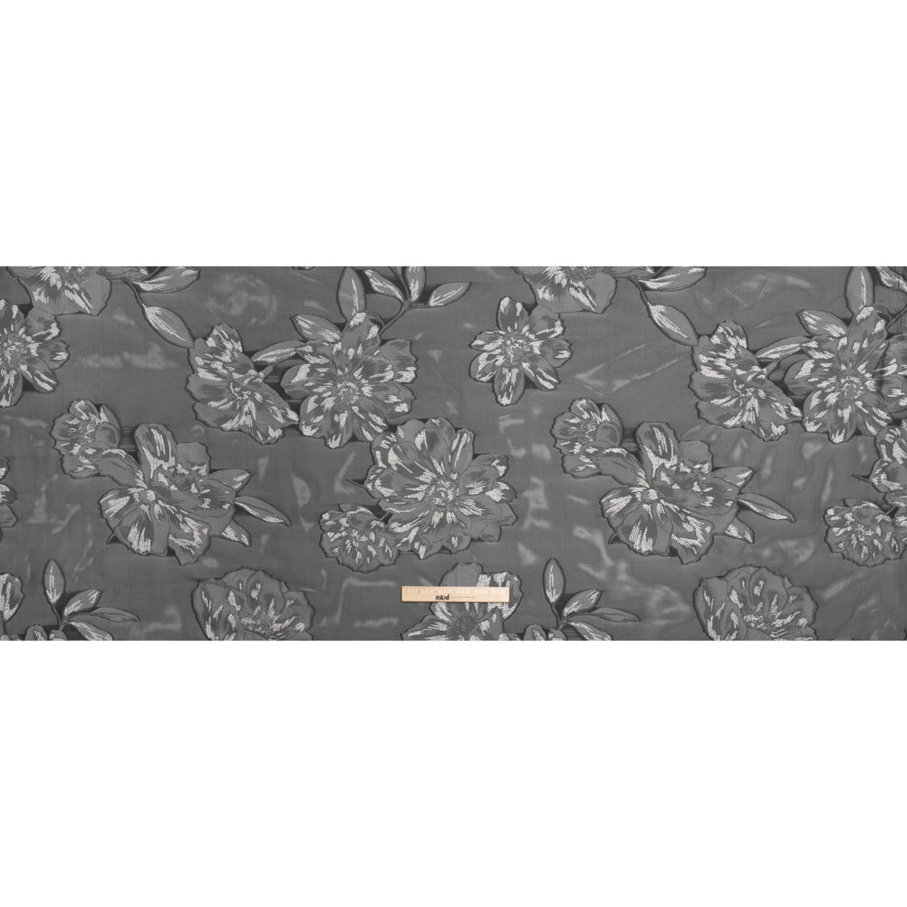 Metallic Burnout Brocade - Black, Gray and Silver Floral - Designer Deadstock