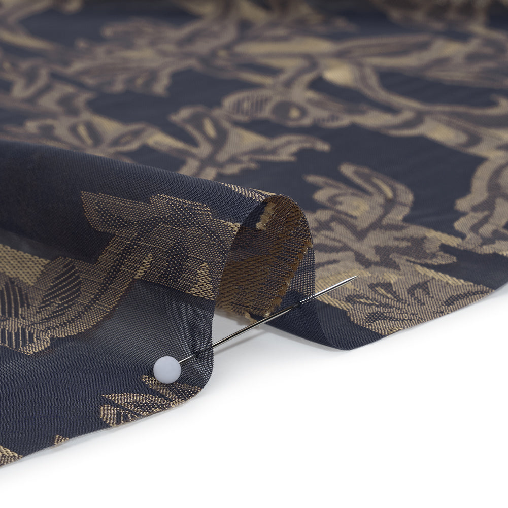 Polyester Burnout Brocade - Navy Blue and Gold Classical Floral Vines - Designer Deadstock