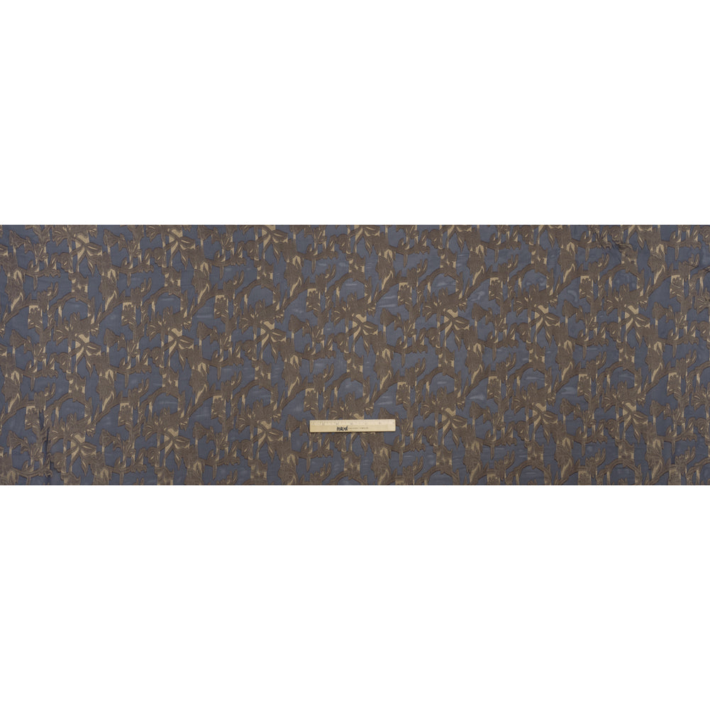 Polyester Burnout Brocade - Navy Blue and Gold Classical Floral Vines - Designer Deadstock