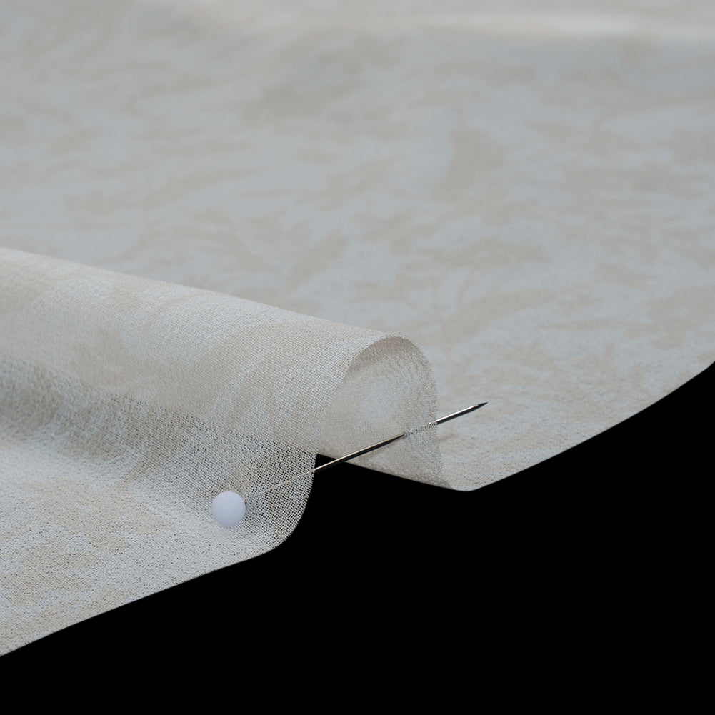 Polyester Chiffon Print - Light Beige and White Delicate Floral Silhouettes - Designer Deadstock