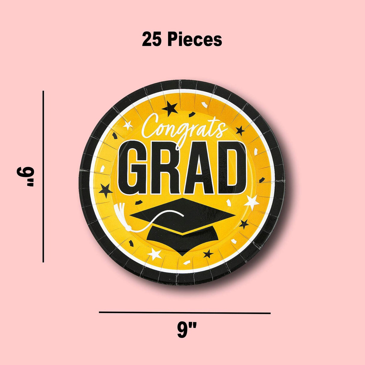 25 Count Yellow Graduation Party Paper Plates 9 Inch Round with Congrats Grad Design