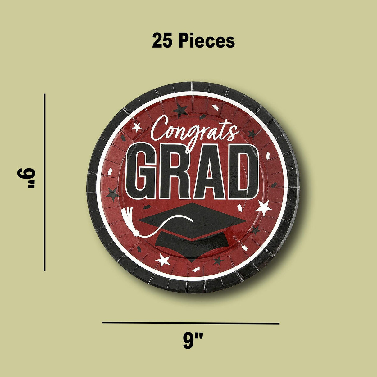 25 Count Burgundy Graduation Dinner Plates 9 Inch Round Congrats Grad Party Supplies