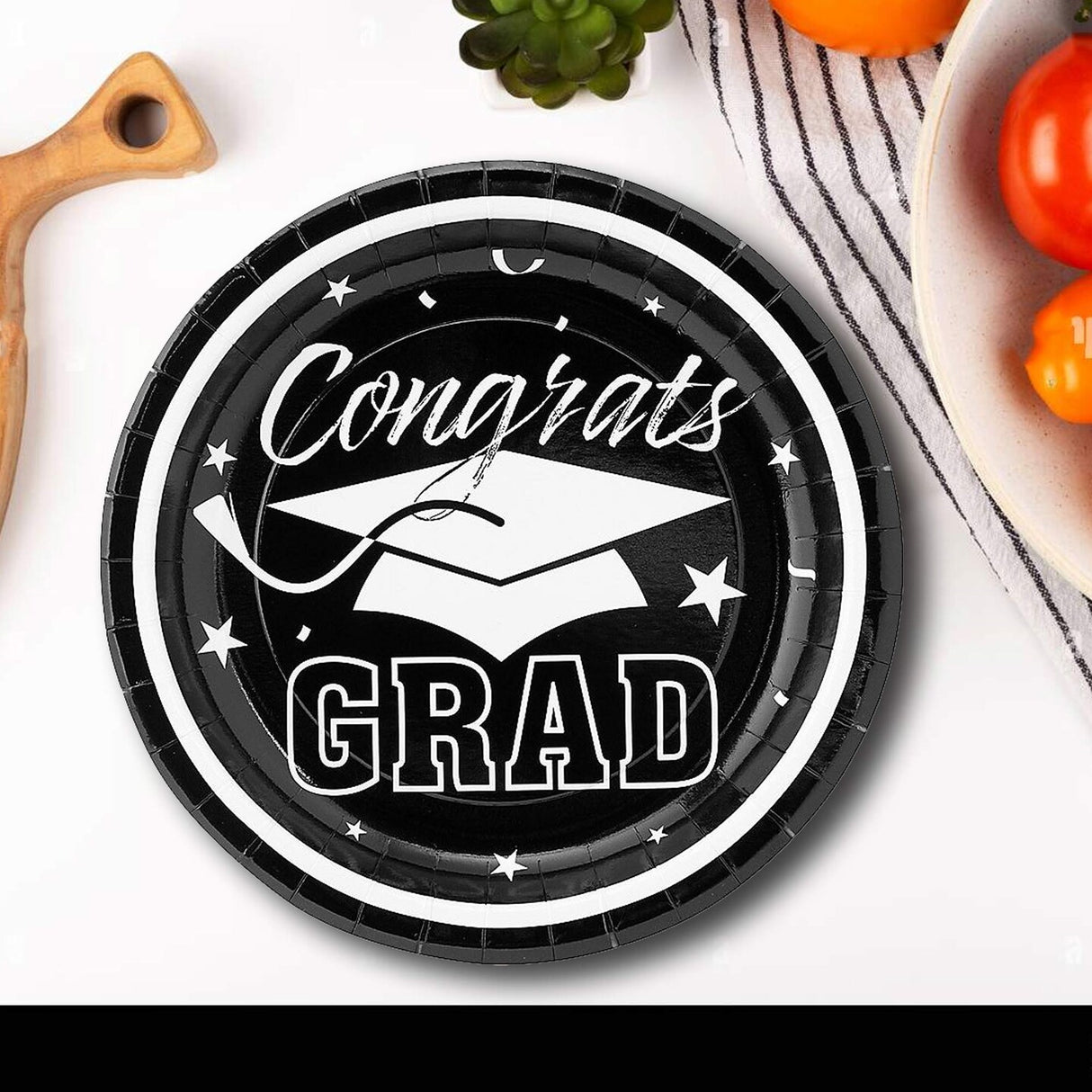 25 Count Black Congrats Grad Solid Color Paper Dessert Plates Disposable Graduation Supplies 7 1/4"