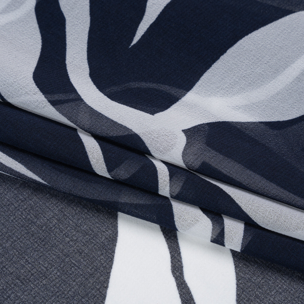 Polyester Chiffon Print - Navy Blue and White Flowing Leaves - Designer Deadstock