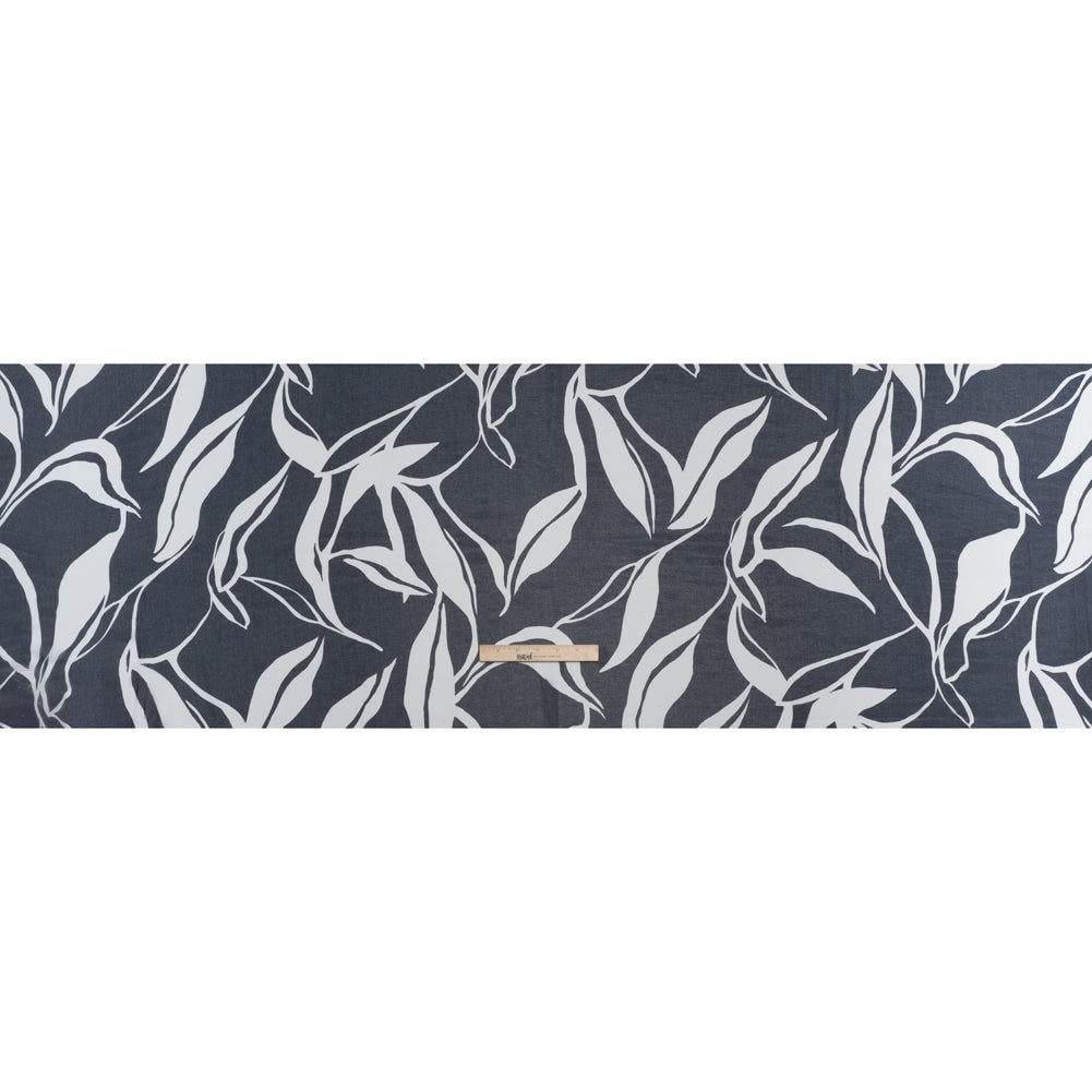 Polyester Chiffon Print - Navy Blue and White Flowing Leaves - Designer Deadstock