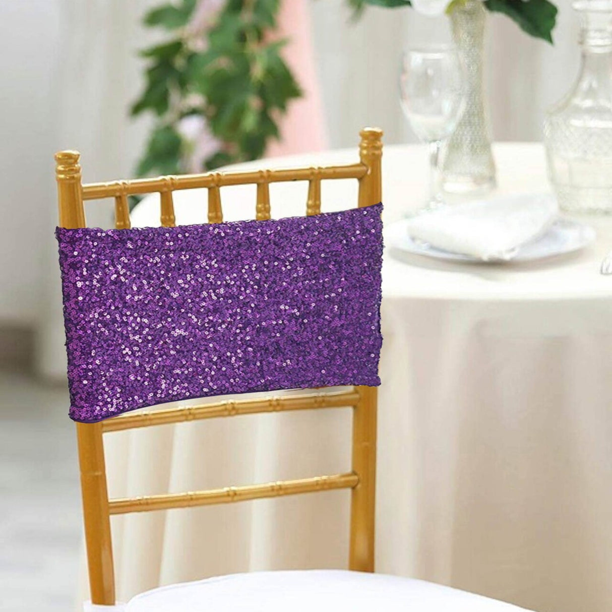 10 Pieces Elegant Eggplant Sequin Stretch Spandex Chair Bands 7 x 13 Inches