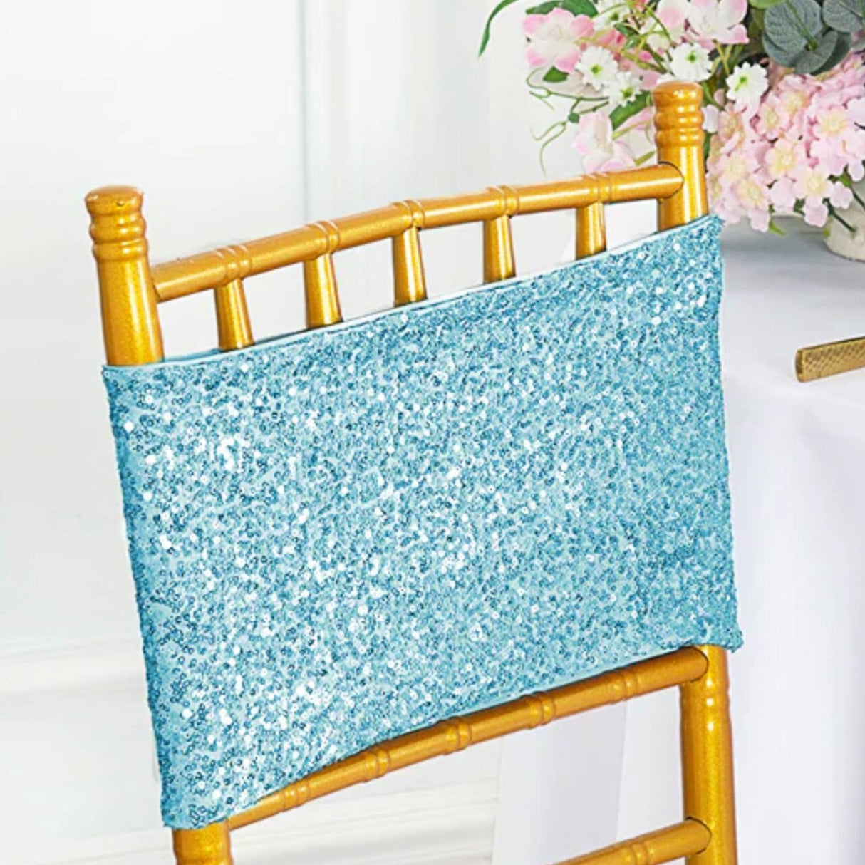 10 Pieces Soft Baby Blue Sequin Stretch Spandex Chair Bands 7 x 13 Inches