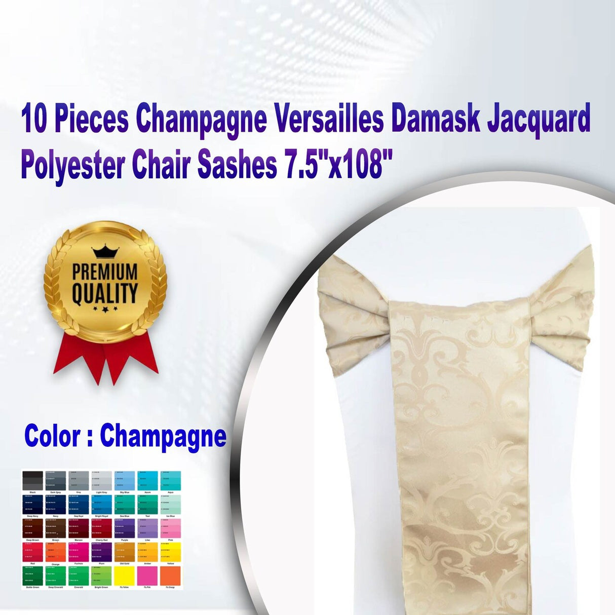 10 Pieces Champagne Versailles Damask Jacquard Polyester Chair Sashes 7.5"x108"