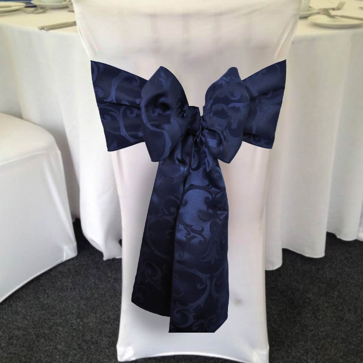 10 Pieces Navy Blue Versailles Damask Jacquard Chair Sashes, 7.5"x108" Elegant Event Polyester Decor