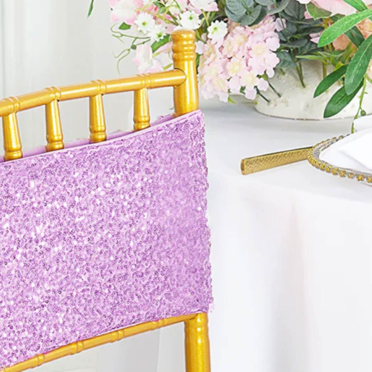 10 Pieces Shimmering Lavender Sequin Stretch Spandex Chair Bands 7 x 13 Inches