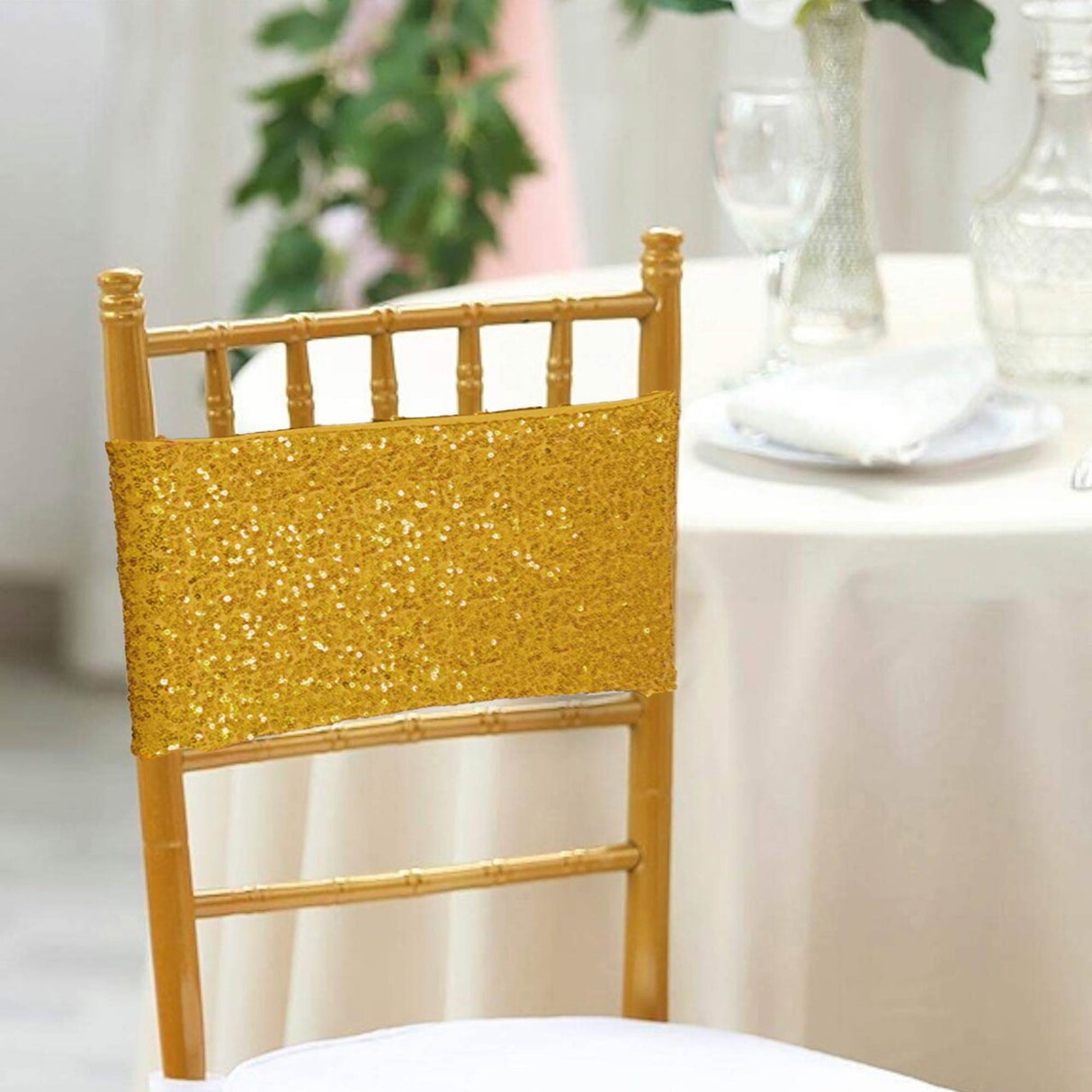 10 Pieces Glamorous Gold Sequin Stretch Spandex Chair Bands 7 x 13 Inches