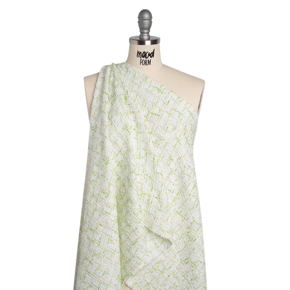 Tweedy Polyester Boucle - White and Lime Green Plaid - Deadstock